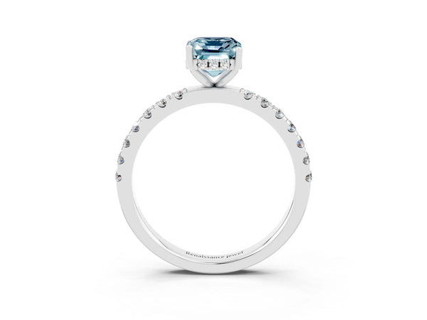 Platinum Emerald Cut Aquamarine Pave Band Solitaire Ring with Round  and Prong Setting