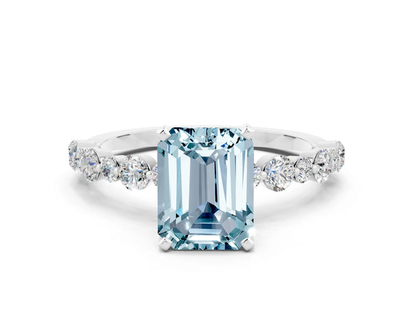 White gold Emerald Cut Aquamarine Prong Set Engagement Ring with Pavé Band