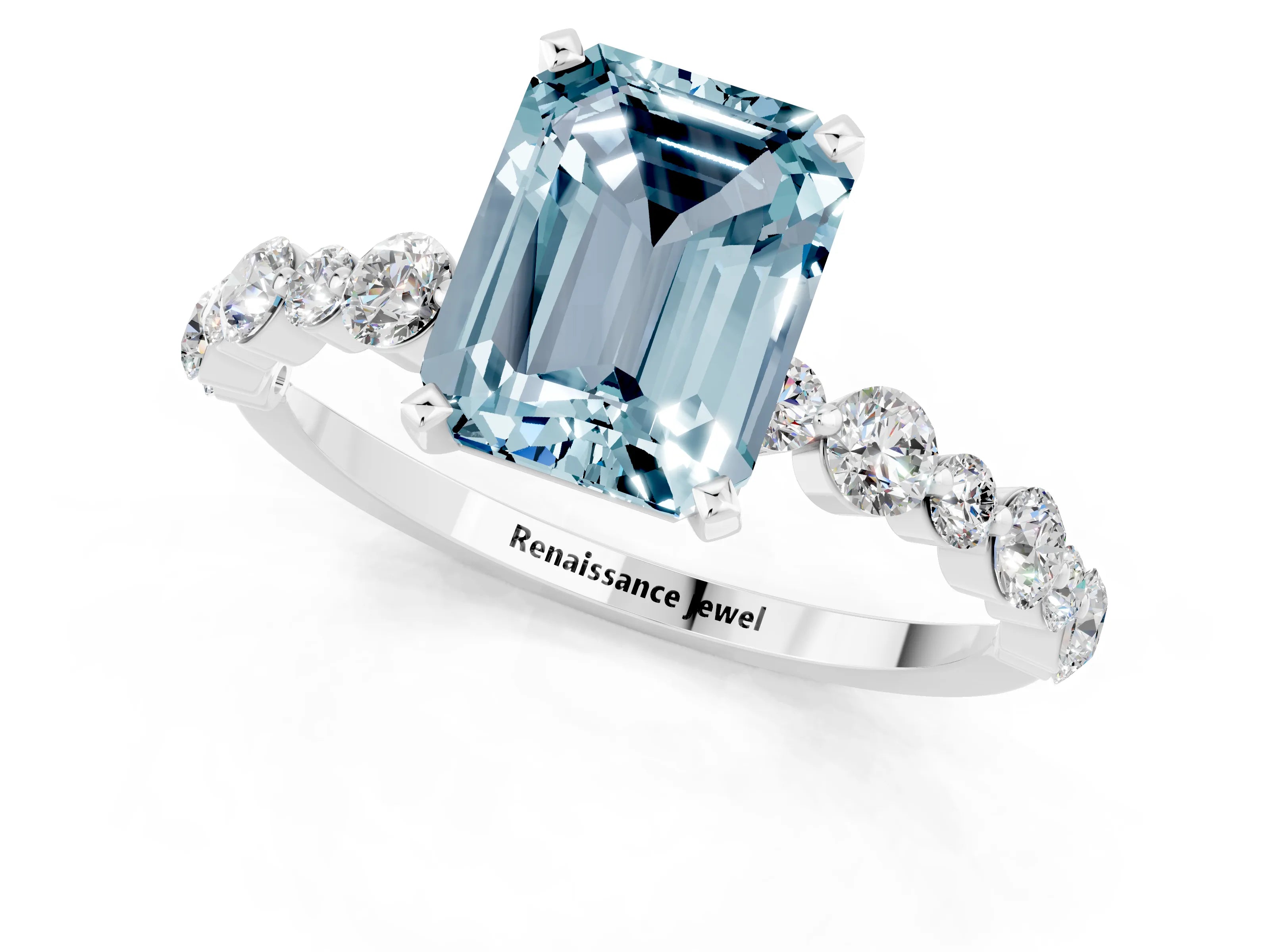 White gold Emerald Cut Aquamarine Prong Set Engagement Ring with Pavé Band_1