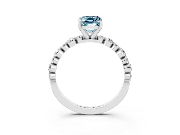 Platinum Emerald Cut Aquamarine Prong Set Engagement Ring with Pavé Band