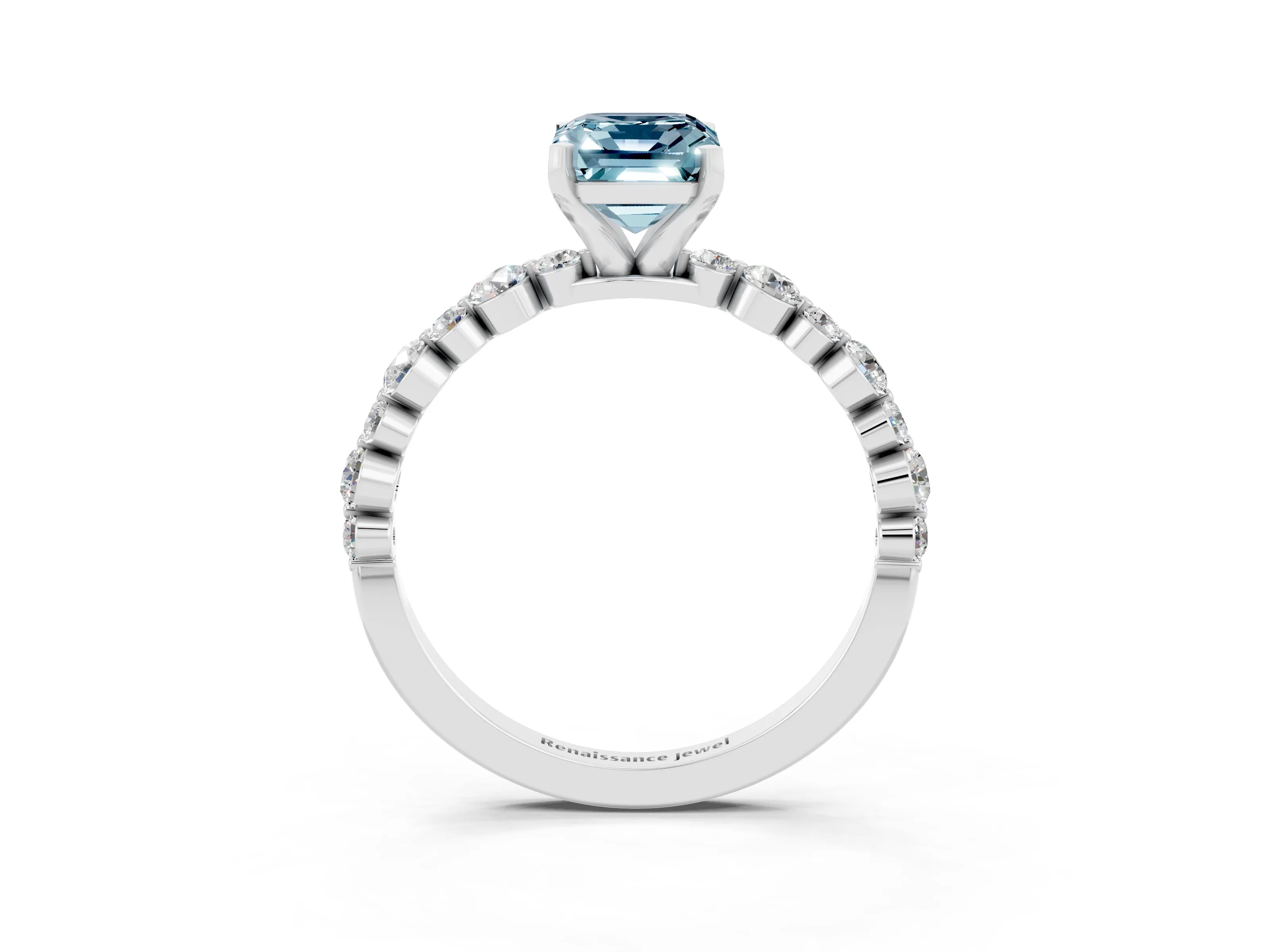 White gold Emerald Cut Aquamarine Prong Set Engagement Ring with Pavé Band_3