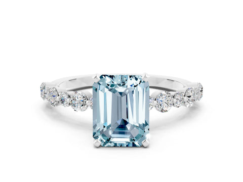 White gold Emerald Cut Aquamarine Prong Set Engagement Ring with Pavé Band