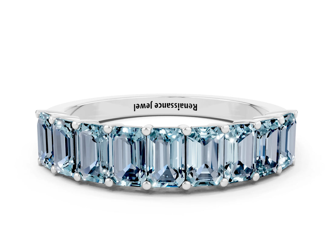 White gold Emerald Cut Aquamarine Prong-Set Eternity Band_6