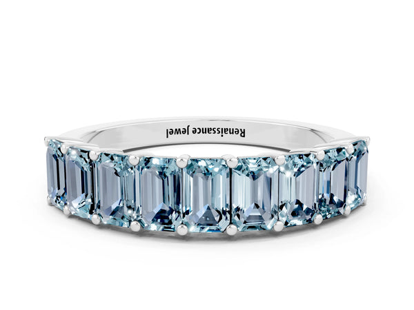 Silver Emerald Cut Aquamarine Prong-Set Eternity Band