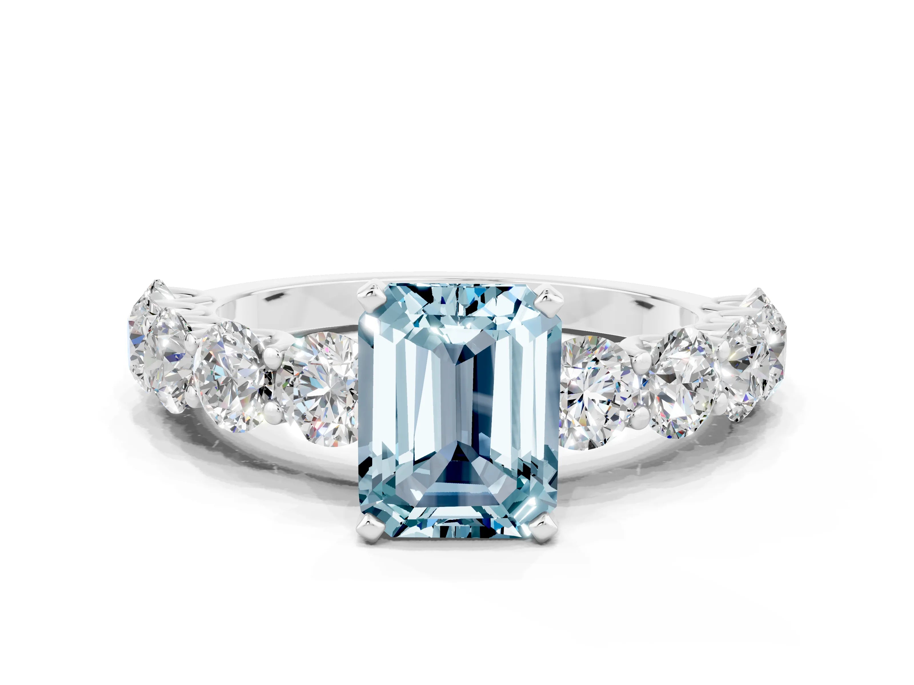 White gold Emerald Cut Aquamarine Prong Setting with Side Stones on a Pave Band