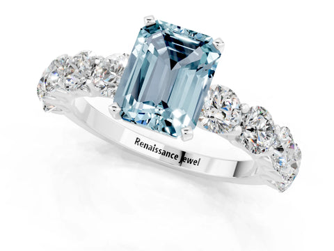 White gold Emerald Cut Aquamarine Prong Setting with Side Stones on a Pave Band_1
