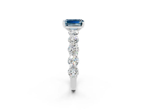 White gold Emerald Cut Aquamarine Prong Setting with Side Stones on a Pave Band_2