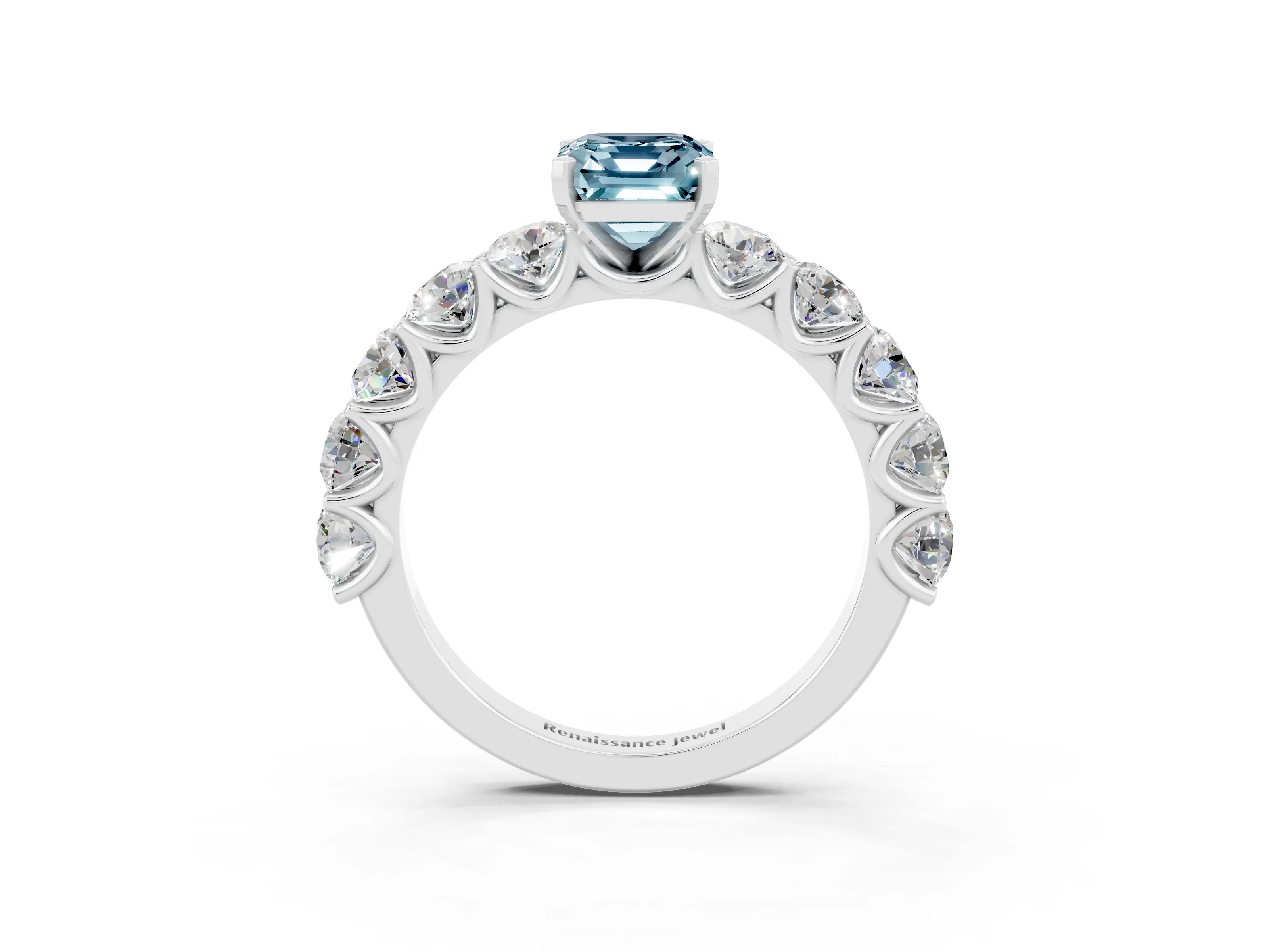 White gold Emerald Cut Aquamarine Prong Setting with Side Stones on a Pave Band_3