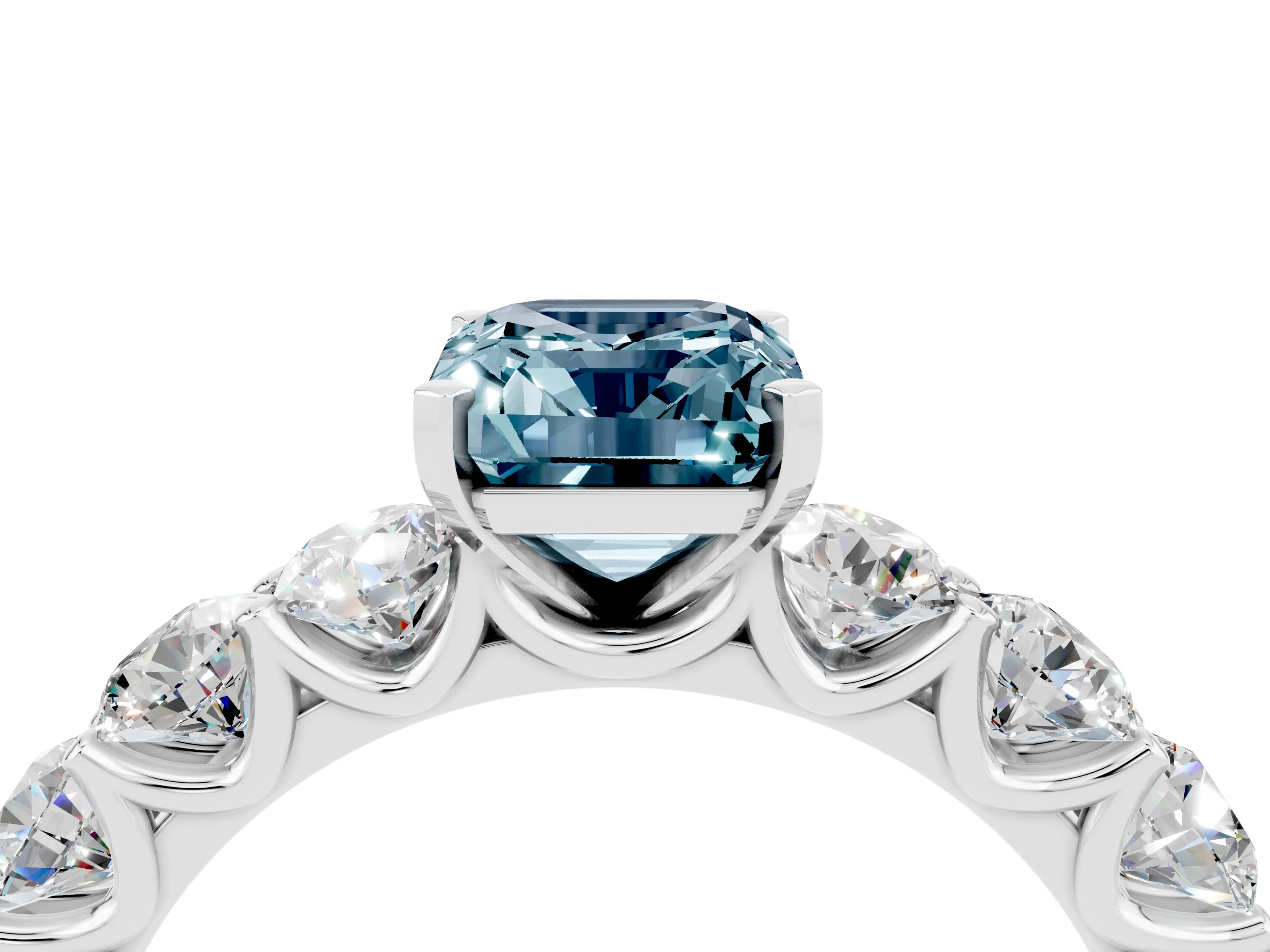 White gold Emerald Cut Aquamarine Prong Setting with Side Stones on a Pave Band_4