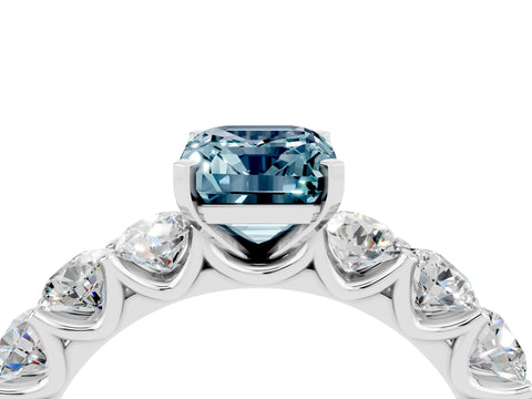 White gold Emerald Cut Aquamarine Prong Setting with Side Stones on a Pave Band_4