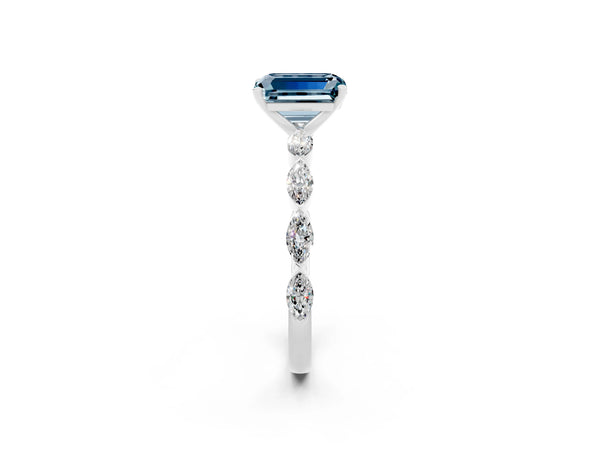Silver Emerald Cut Aquamarine Ring with Marquise Side Stones and Prong Setting