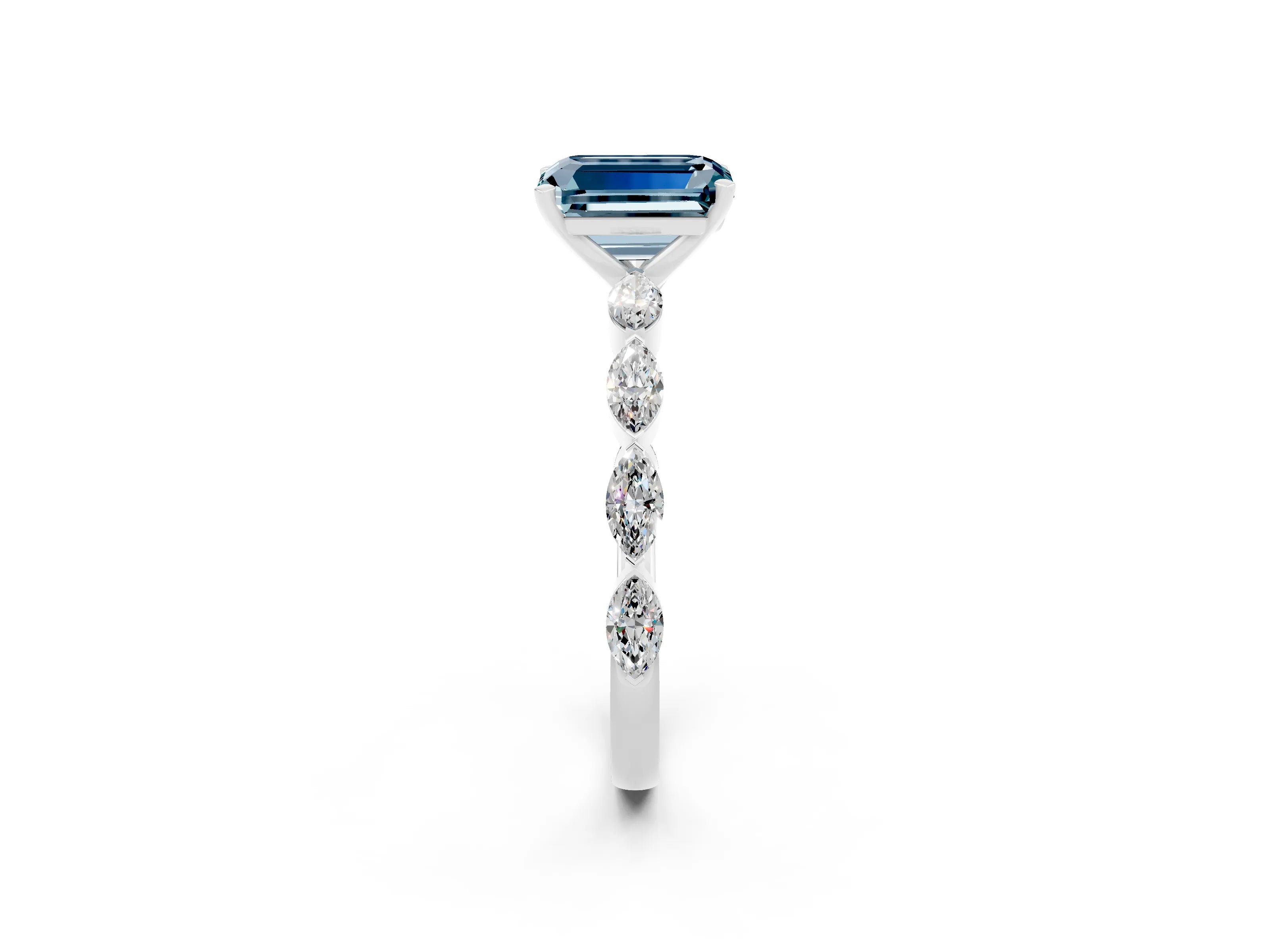 White gold Emerald Cut Aquamarine Ring with Marquise Side Stones and Prong Setting_2