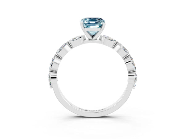 Silver Emerald Cut Aquamarine Ring with Marquise Side Stones and Prong Setting
