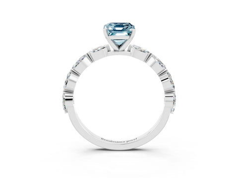 White gold Emerald Cut Aquamarine Ring with Marquise Side Stones and Prong Setting_3