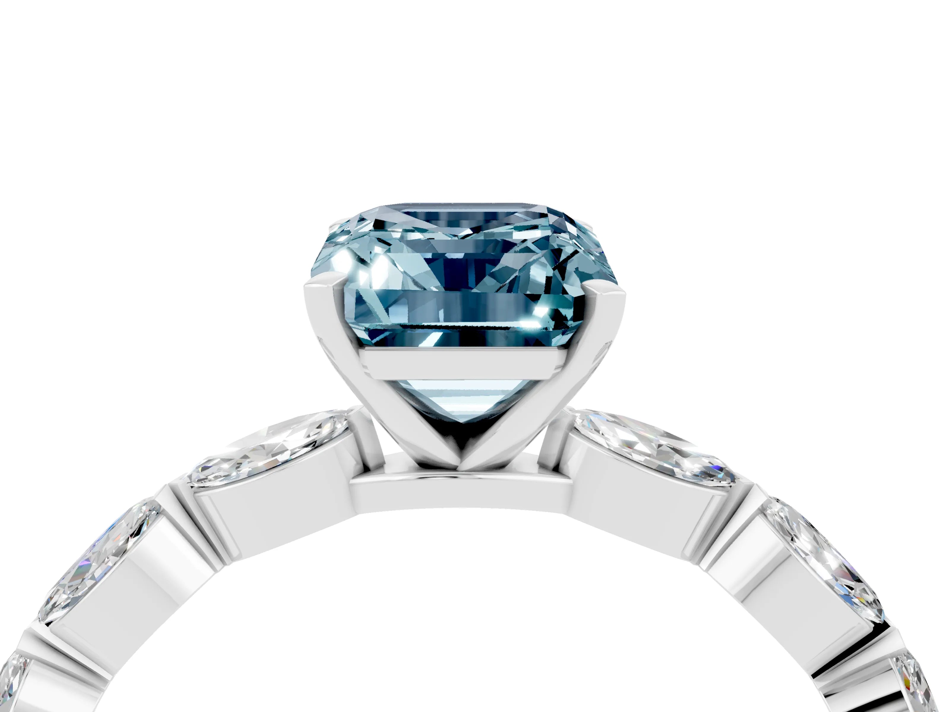 White gold Emerald Cut Aquamarine Ring with Marquise Side Stones and Prong Setting_4