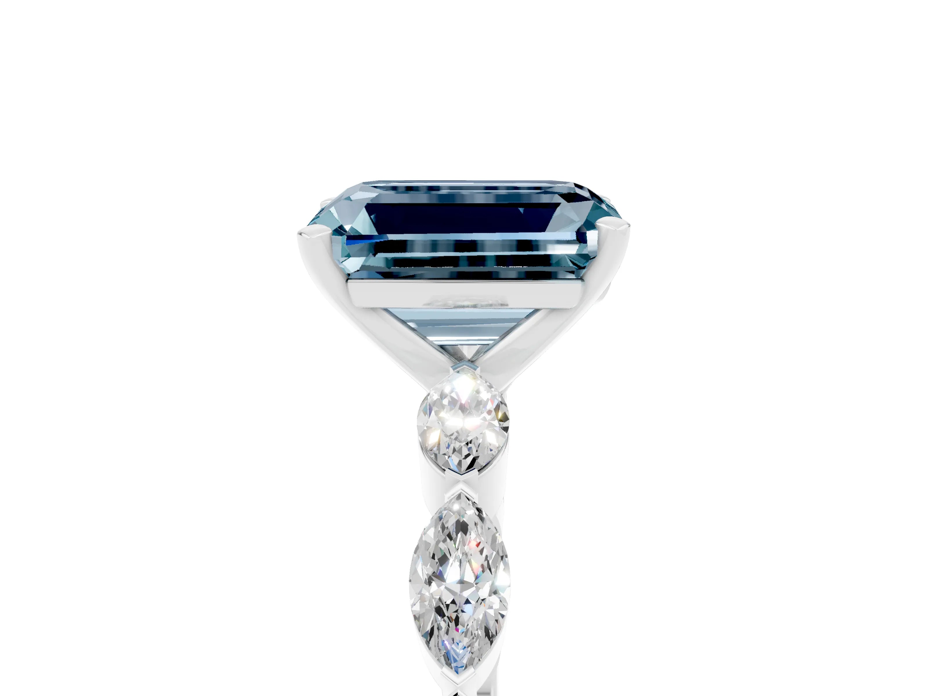 White gold Emerald Cut Aquamarine Ring with Marquise Side Stones and Prong Setting_5