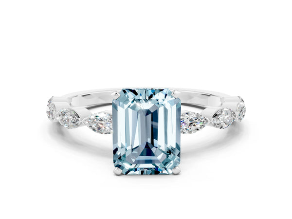 White gold Emerald Cut Aquamarine Ring with Marquise Side Stones and Prong Setting