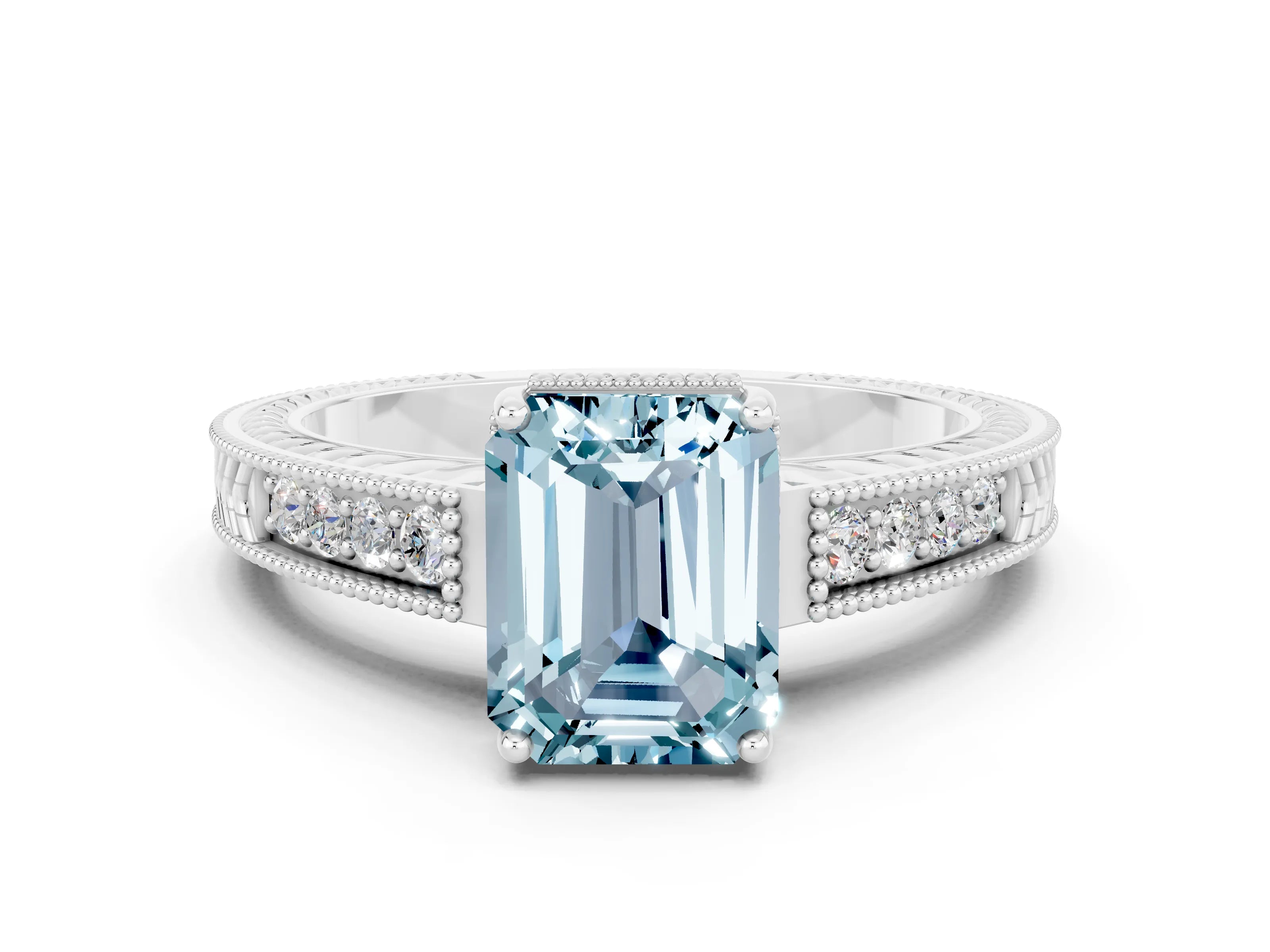 White gold Emerald Cut Aquamarine Ring with Milgrain Pavé Band and Four-Prong Setting_12