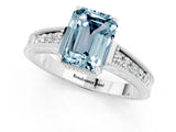 White gold Emerald Cut Aquamarine Ring with Milgrain Pavé Band and Four-Prong Setting_13