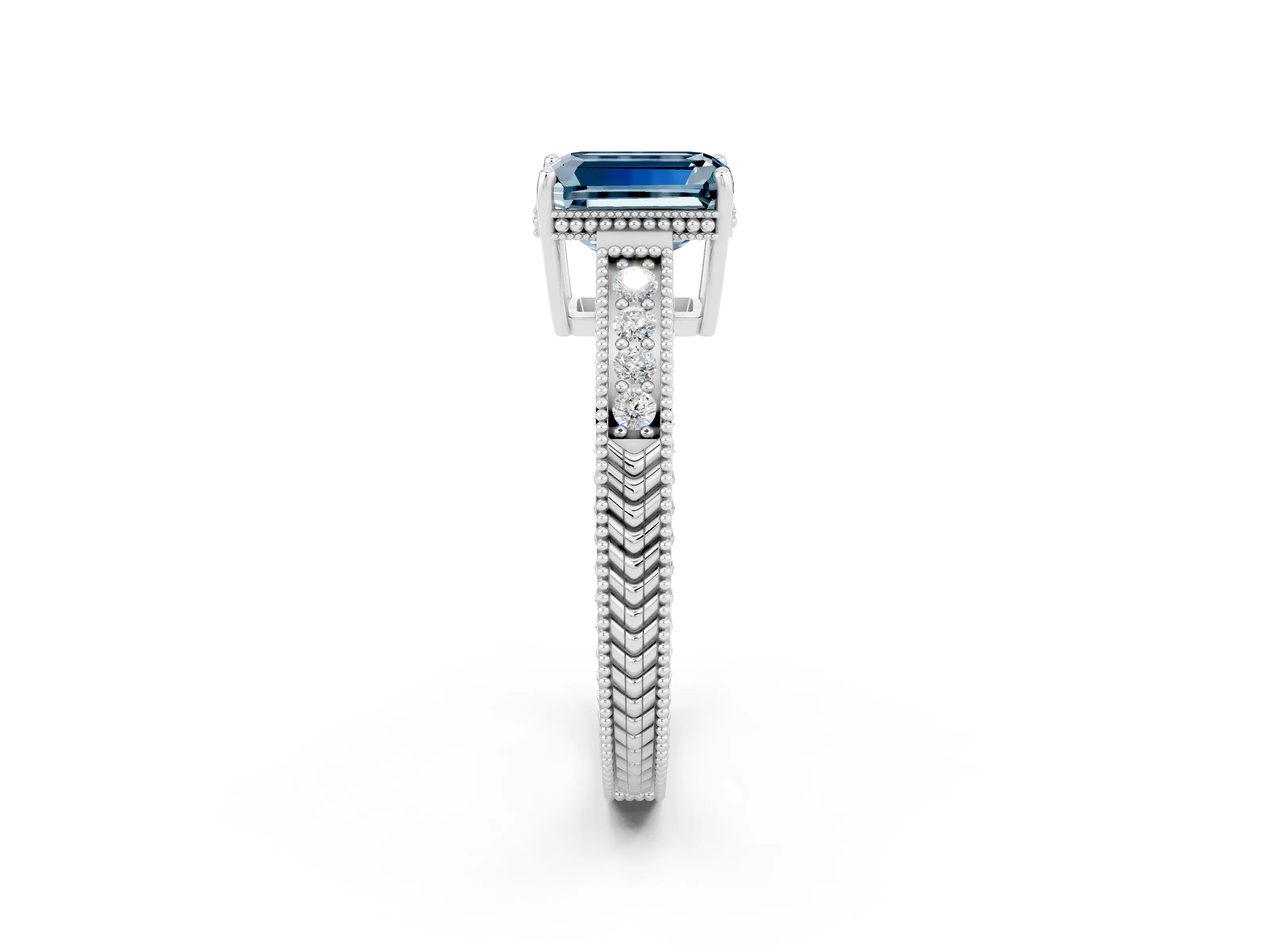 White gold Emerald Cut Aquamarine Ring with Milgrain Pavé Band and Four-Prong Setting_14