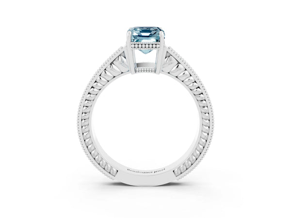Silver Emerald Cut Aquamarine Ring with Milgrain Pavé Band and Four-Prong Setting