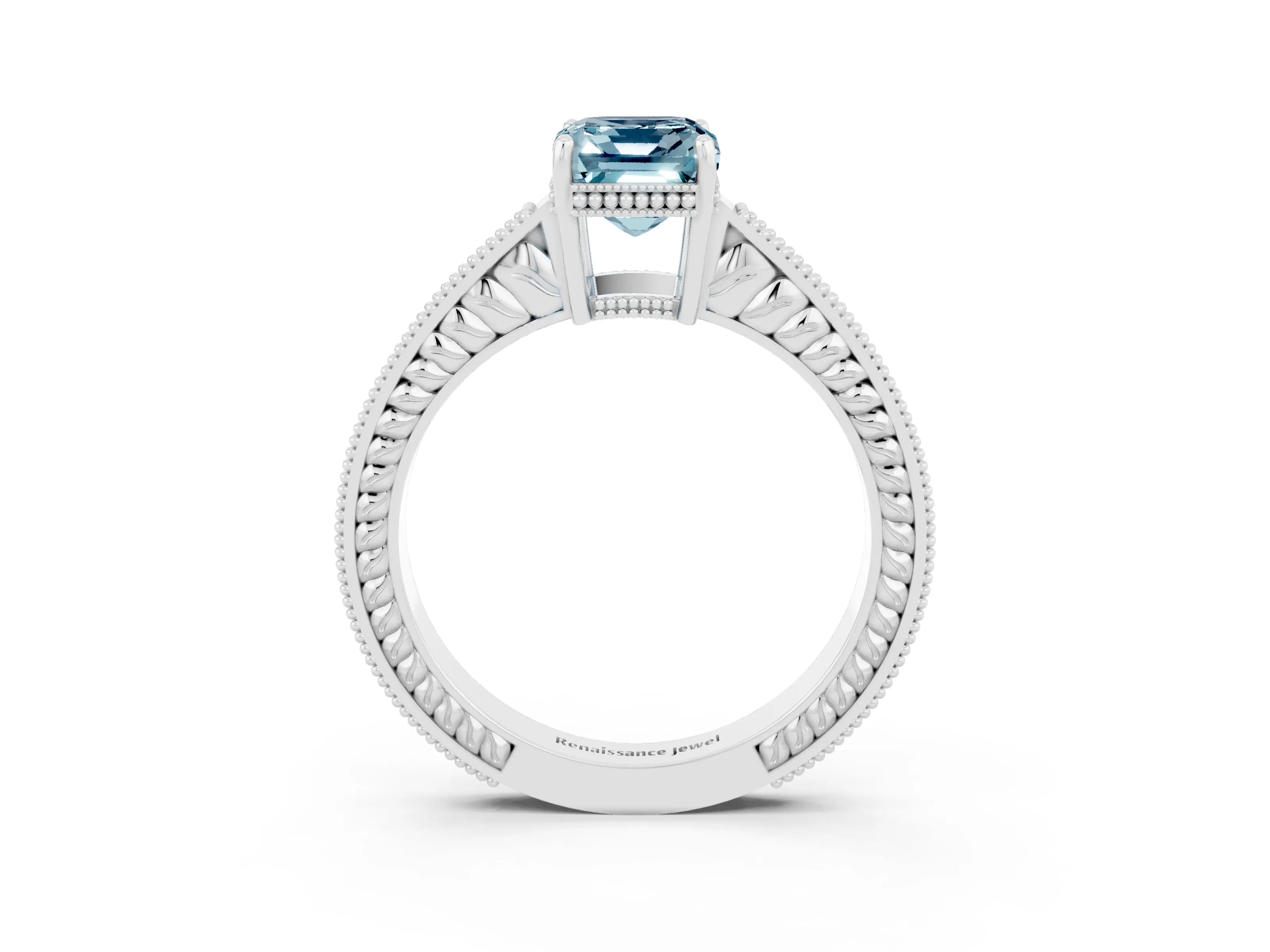 White gold Emerald Cut Aquamarine Ring with Milgrain Pavé Band and Four-Prong Setting_15