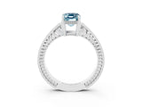 White gold Emerald Cut Aquamarine Ring with Milgrain Pavé Band and Four-Prong Setting_15