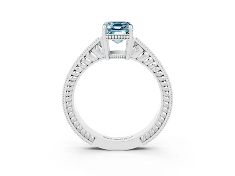White gold Emerald Cut Aquamarine Ring with Milgrain Pavé Band and Four-Prong Setting_15