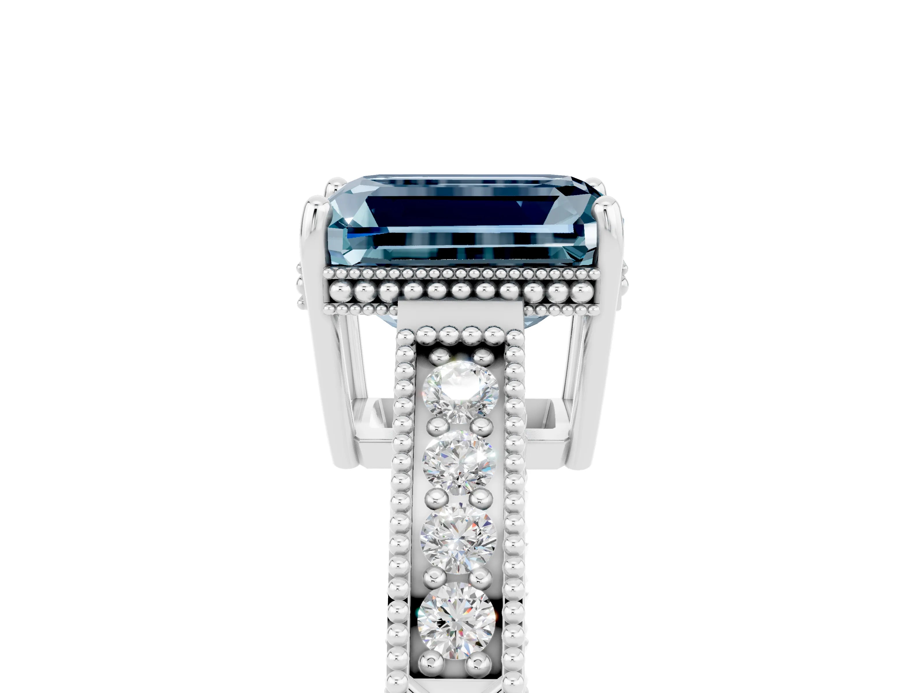 White gold Emerald Cut Aquamarine Ring with Milgrain Pavé Band and Four-Prong Setting_17