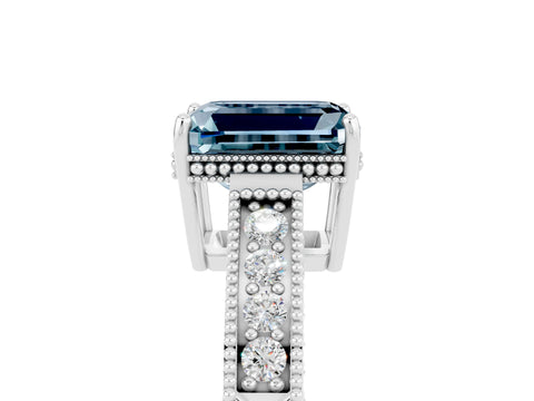 White gold Emerald Cut Aquamarine Ring with Milgrain Pavé Band and Four-Prong Setting_17