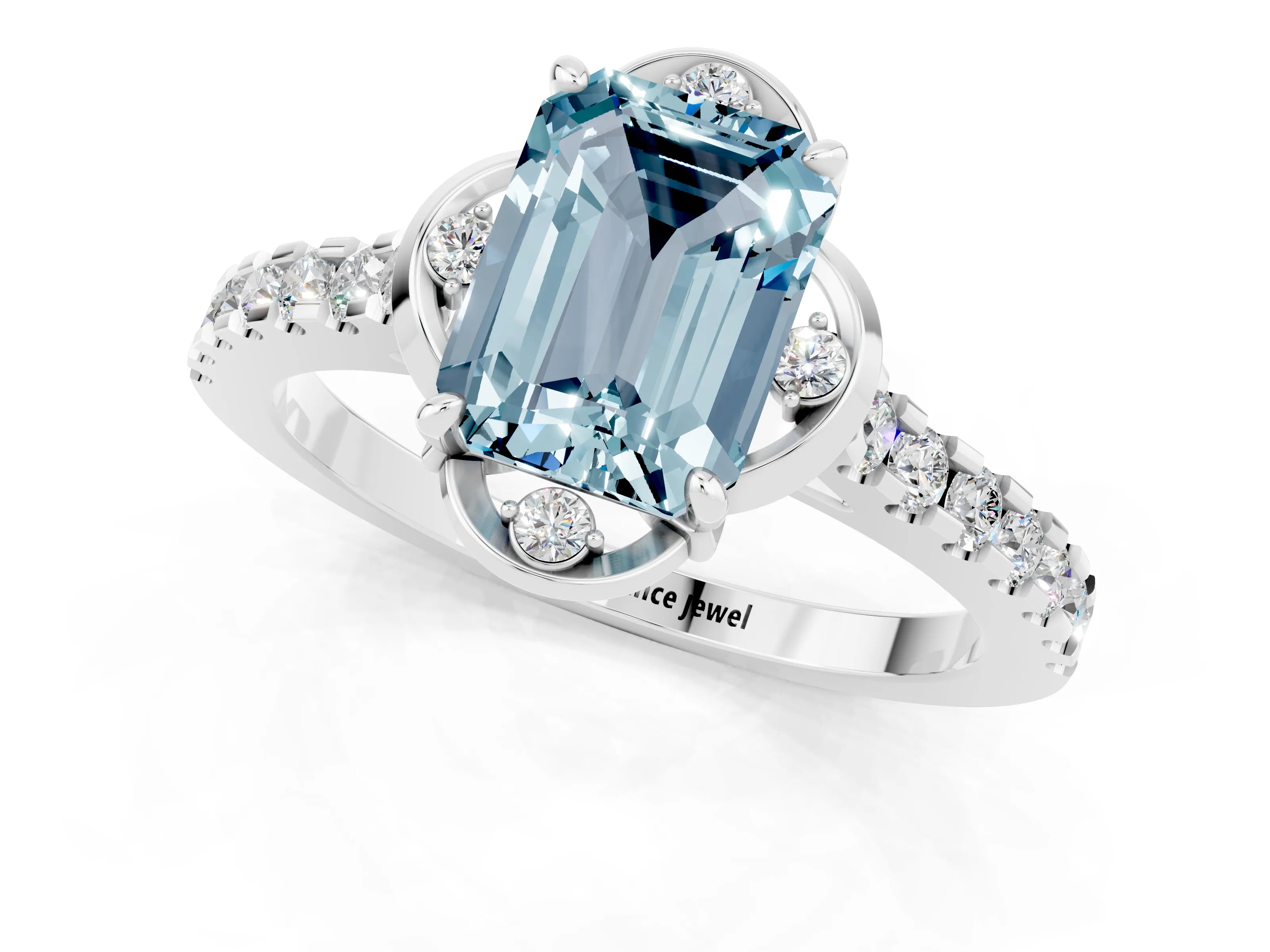 White gold Emerald Cut Aquamarine Ring with Pavé Band and Floral Prong Setting_1