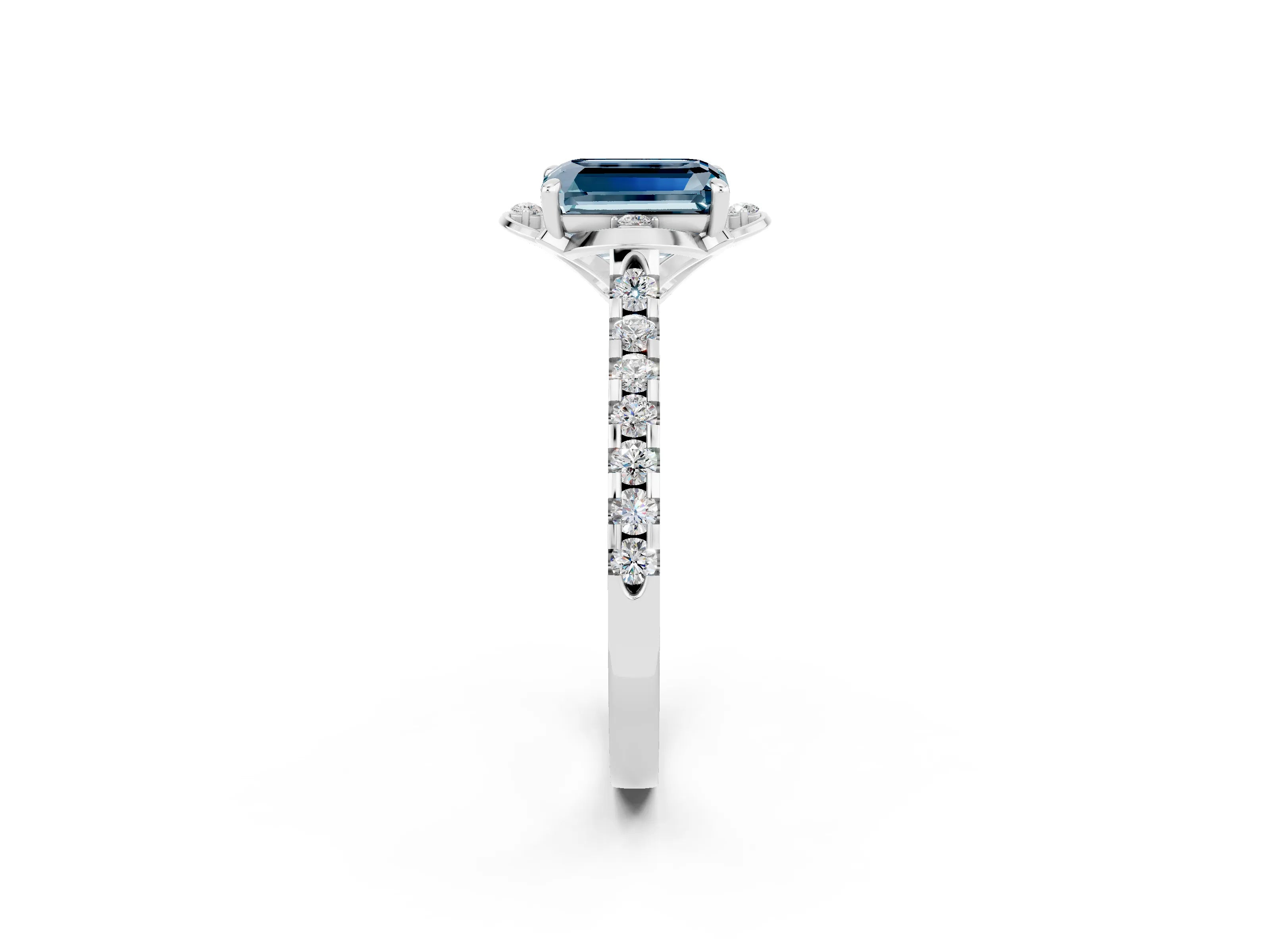 White gold Emerald Cut Aquamarine Ring with Pavé Band and Floral Prong Setting_2