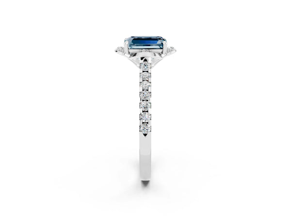 Silver Emerald Cut Aquamarine Ring with Pavé Band and Floral Prong Setting