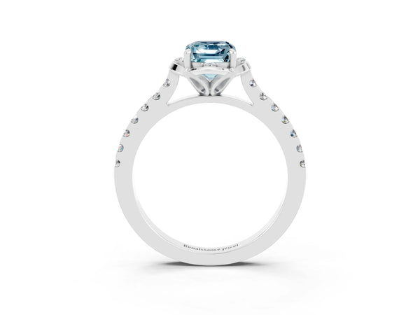 Platinum Emerald Cut Aquamarine Ring with Pavé Band and Floral Prong Setting