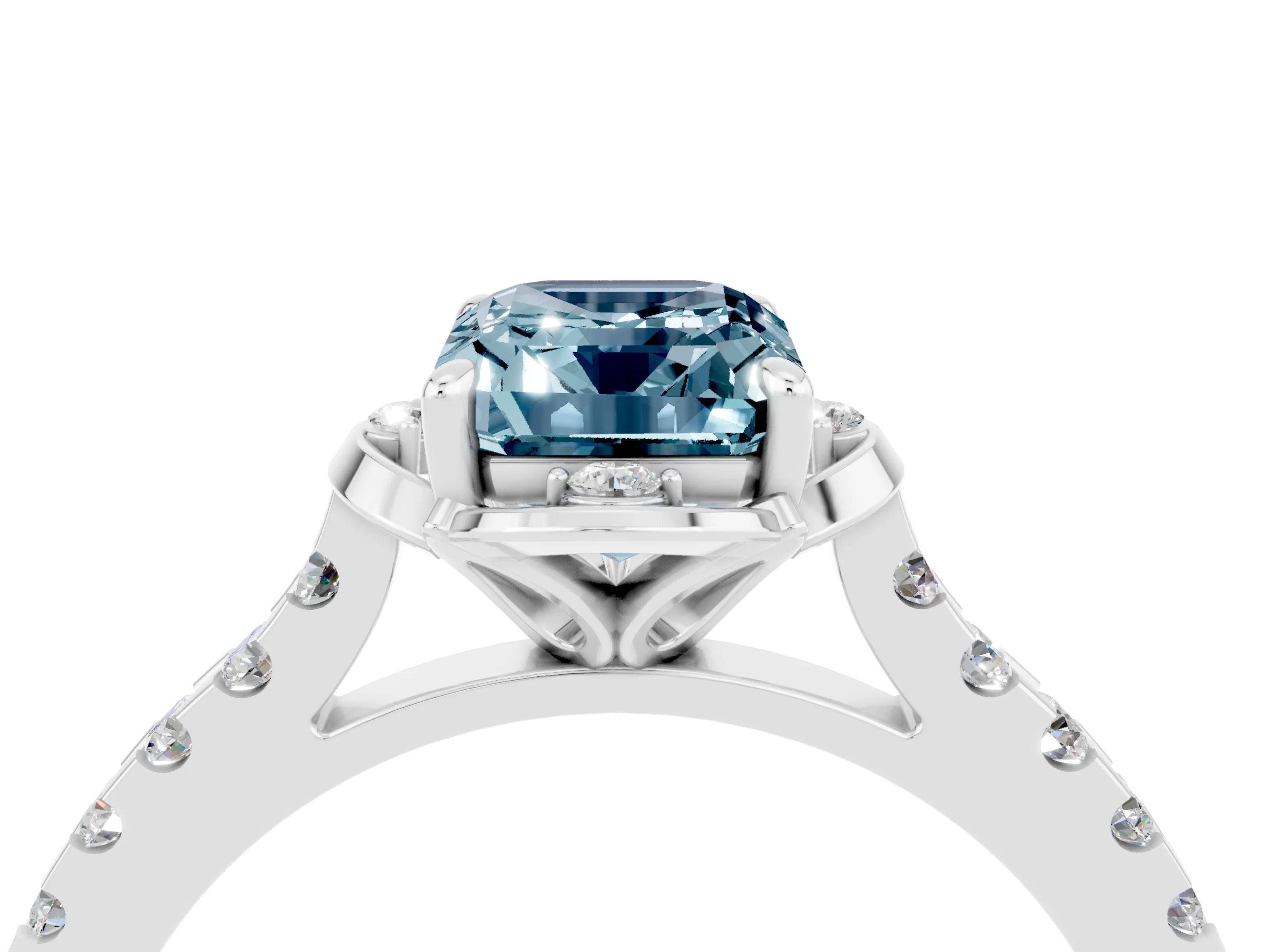 White gold Emerald Cut Aquamarine Ring with Pavé Band and Floral Prong Setting_4