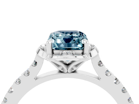 White gold Emerald Cut Aquamarine Ring with Pavé Band and Floral Prong Setting_4
