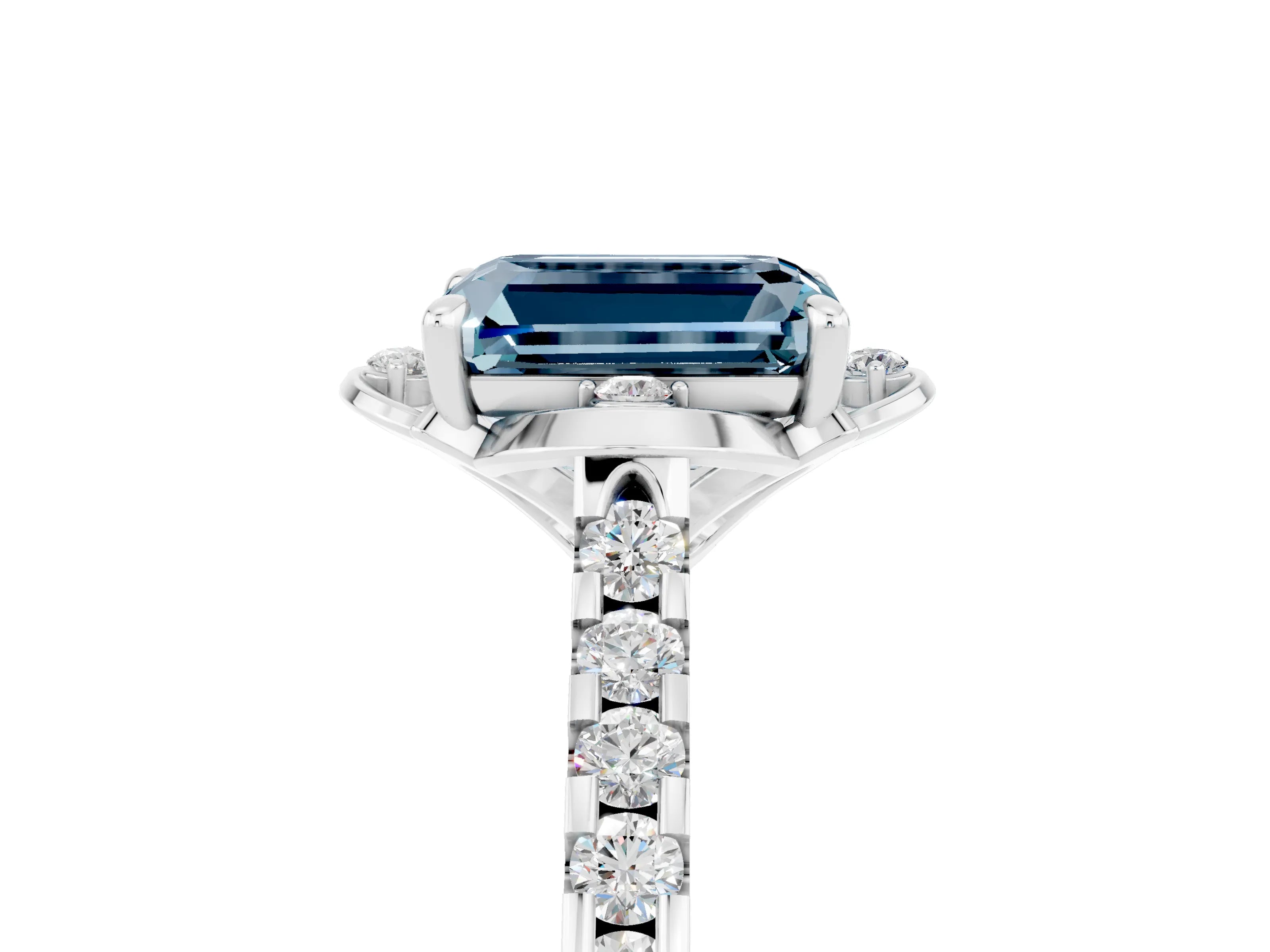 White gold Emerald Cut Aquamarine Ring with Pavé Band and Floral Prong Setting_5