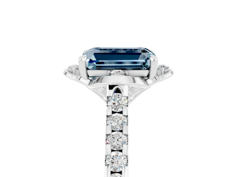 White gold Emerald Cut Aquamarine Ring with Pavé Band and Floral Prong Setting_5