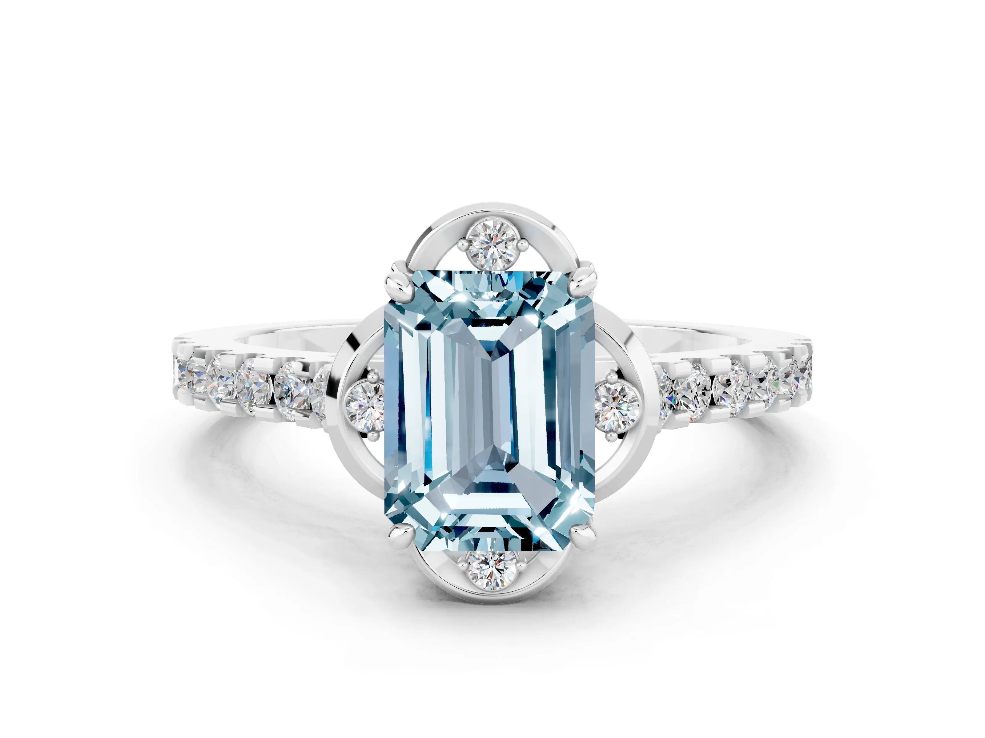 White gold Emerald Cut Aquamarine Ring with Pavé Band and Floral Prong Setting