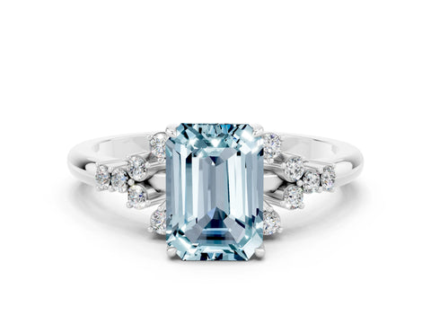 White gold Emerald Cut Aquamarine Ring with Side Stones and Four-Prong Setting_36