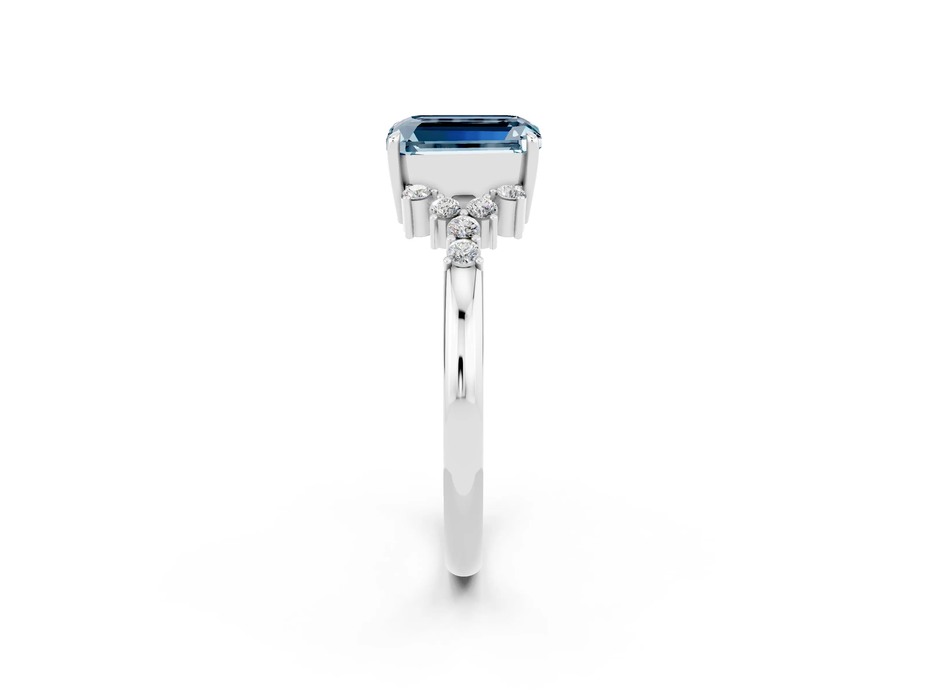 White gold Emerald Cut Aquamarine Ring with Side Stones and Four-Prong Setting_38