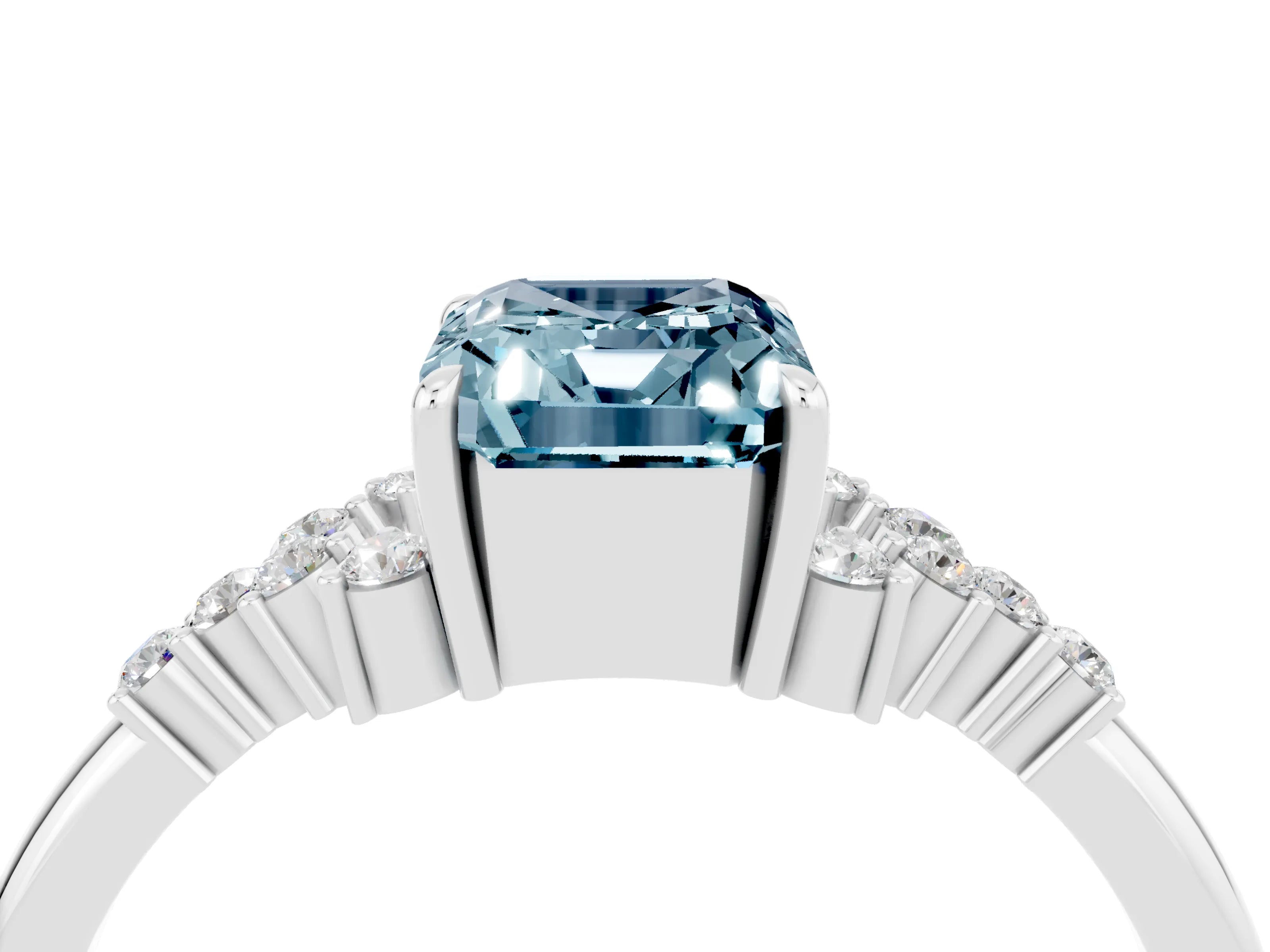 White gold Emerald Cut Aquamarine Ring with Side Stones and Four-Prong Setting_40