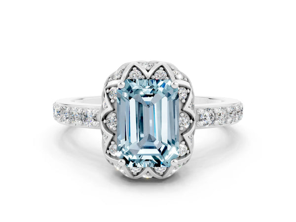 Platinum Emerald Cut Aquamarine Scalloped Halo Engagement Ring with Round Shared Prong Band