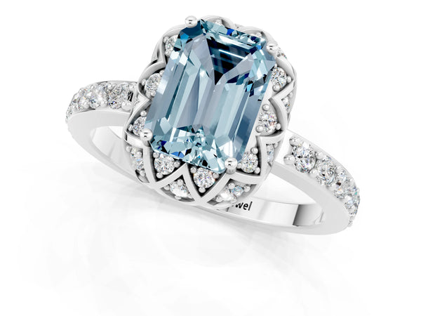 Silver Emerald Cut Aquamarine Scalloped Halo Engagement Ring with Round Shared Prong Band