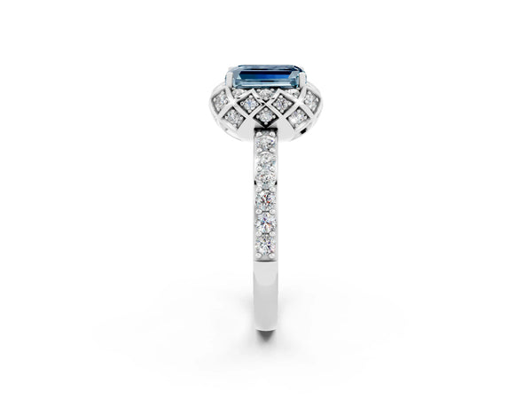 White gold Emerald Cut Aquamarine Scalloped Halo Engagement Ring with Round Shared Prong Band