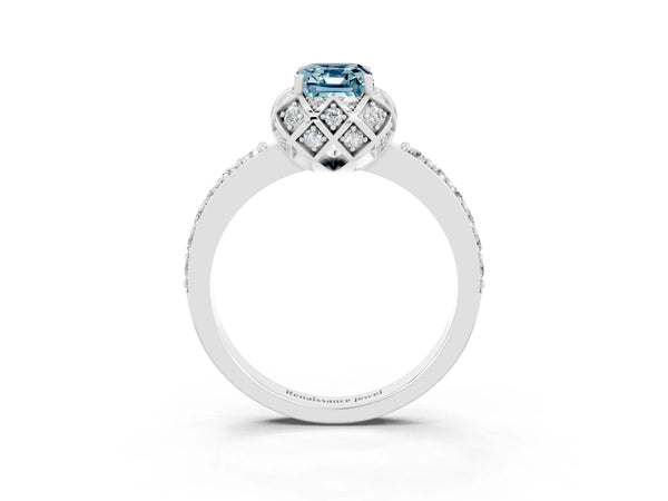 Silver Emerald Cut Aquamarine Scalloped Halo Engagement Ring with Round Shared Prong Band