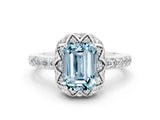 White gold Emerald Cut Aquamarine Scalloped Halo Engagement Ring with Round Shared Prong Band_24
