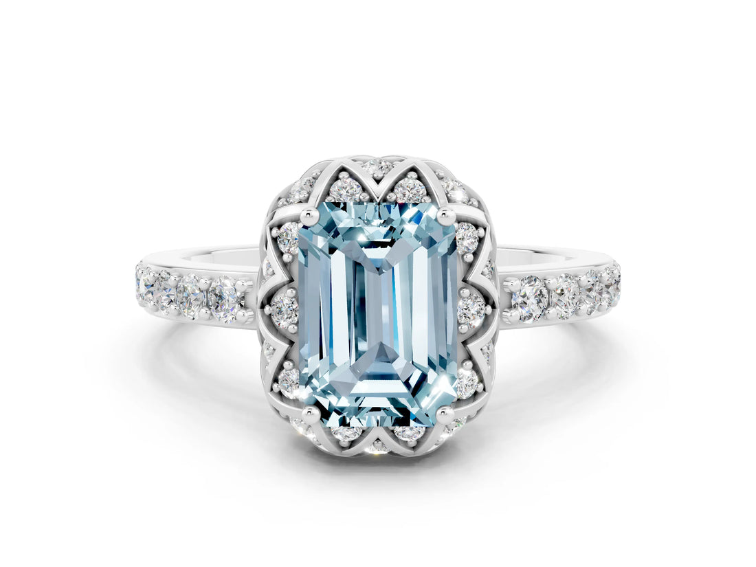 White gold Emerald Cut Aquamarine Scalloped Halo Engagement Ring with Round Shared Prong Band_24