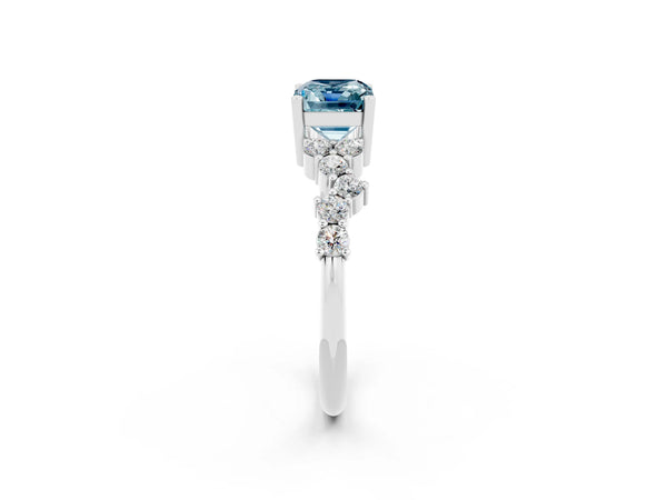 Platinum Emerald Cut Aquamarine Scattered Round Accent Ring with Prong Setting