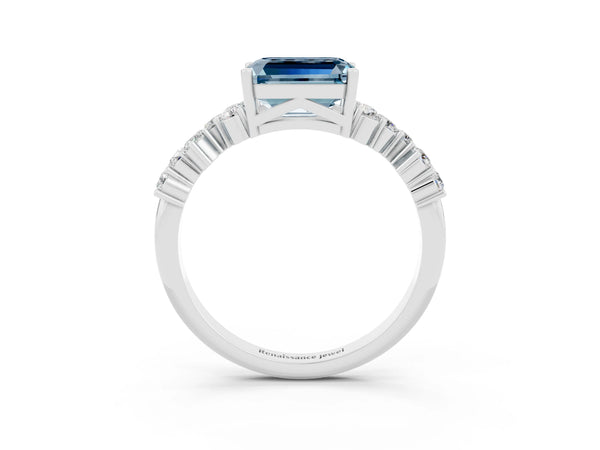 White gold Emerald Cut Aquamarine Scattered Round Accent Ring with Prong Setting